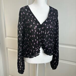 NWT Zara Black and Purple Ditsy Floral Pleated Cardigan Top Cottagecore M
